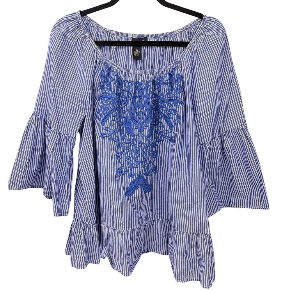INC Boho Festival Embroidered Crochet Scoop Neck 3/4 Flare Sleeve Casual Top M